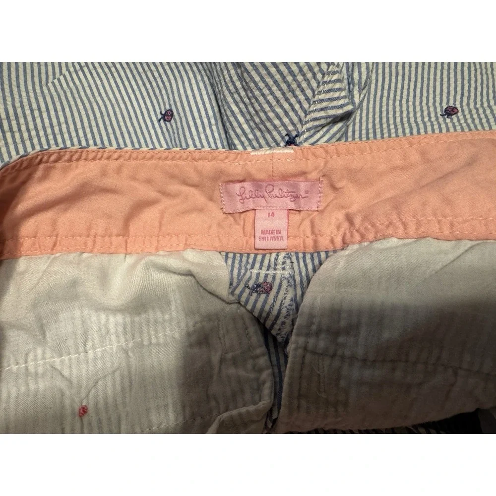 Lilly Pulitzer Blue & White Seersucker Ladybug Embroidered Shorts Sz 14  Tub31